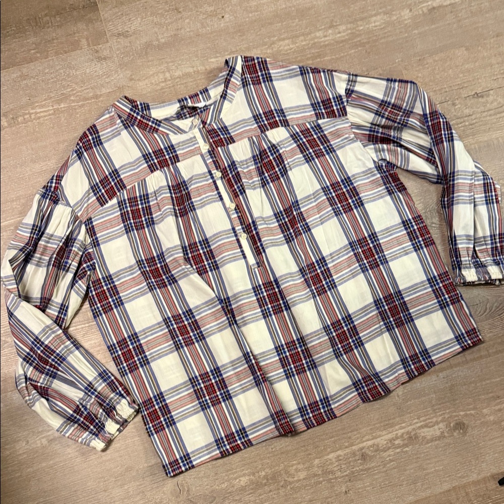 Women’s Cotton Plaid Long  Sleeve Peasant Blouse